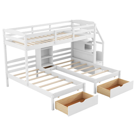 Twin over Twin&Twin Bunk Bed, Triple Bunk Bed with Drawers, Staircase with Storage, Built-in Shelves, White - sold by Home Elegance USA