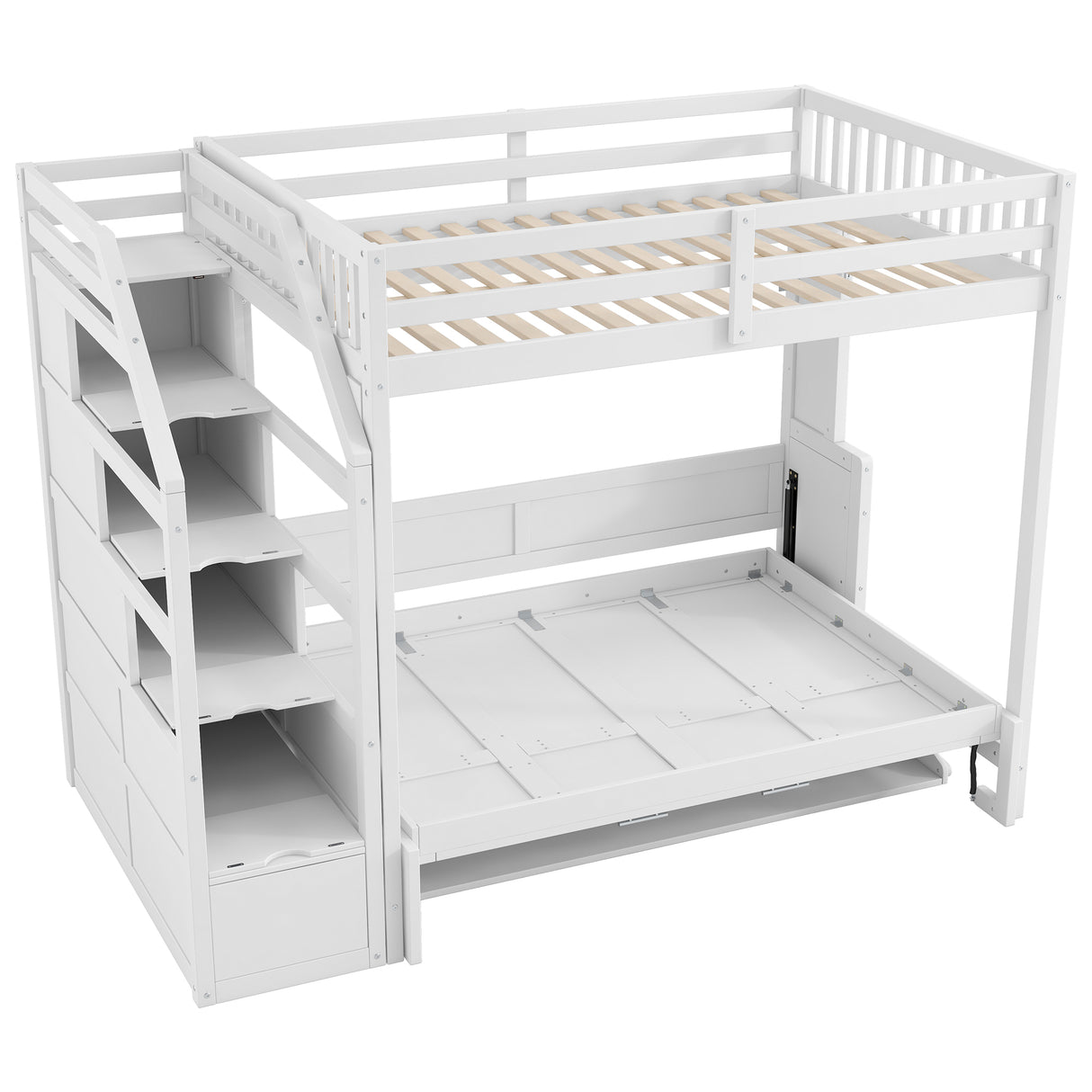 White Full XL Loft Bed with Storage Staircase, Murphy Bed, LED Light, Solid Pine and MDF, 101.2''L x 59.1''W x 73''H - sold by Home Elegance USA