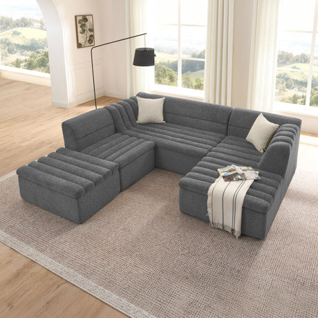 135' U-Shaped Modular Sectional Sofa with Chaise and Movable Ottoman for Living Room, Chenille Upholstered Boneless Couches with Wave-Shaped Armrest, No Pillows Included - sold by Home Elegance USA