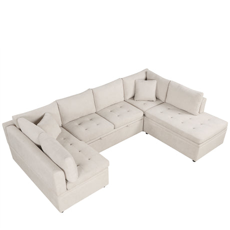 Oversized U-Shaped Sectional Sofa Couch with Pull-out Bed, Beige Chenille, 117.3' - sold by Home Elegance USA