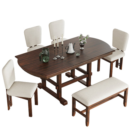 TOPMAX 6 Pieces 78inch Extendable Wood Dining Table Set with Bench, Traditional Kitchen Table Set with 18inch Removable Leaf and 4 Upholstered Dining Chairs, Espresso+Beige - sold by Home Elegance USA
