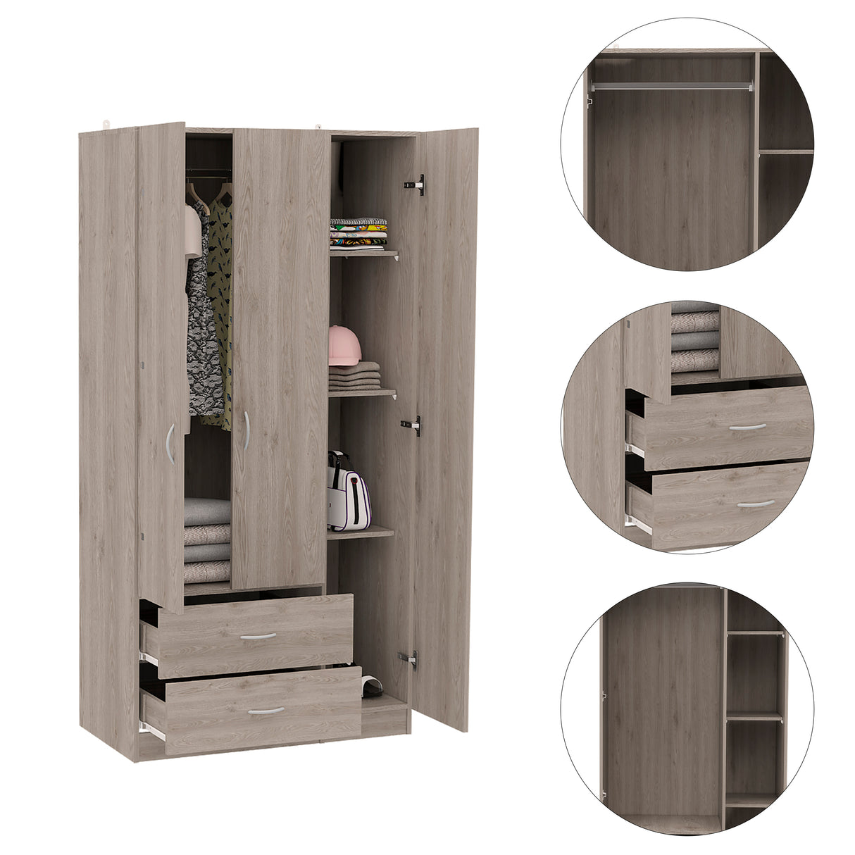 Eureka Three Door Armoire, Two Drawers, Rod - sold by Home Elegance USA