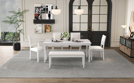 TREXM Vintage Extendable Dining Table Set for 6 with 4 Chairs & Bench, 59 to 72-Inch Rustic Farmhouse Kitchen Table Set with Distressed Finish and Retro Carved Legs (Washed White) - sold by Home Elegance USA