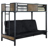 Industrial Style Unique Bunk Bed Twin Over Futon Metal Structure Attached Ladder With Wood Panels Nailhead Trim Black Finish Mattress-Not Included - sold by Home Elegance USA