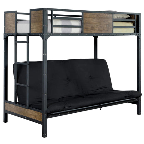 Industrial Style Unique Bunk Bed Twin Over Futon Metal Structure Attached Ladder With Wood Panels Nailhead Trim Black Finish Mattress-Not Included - sold by Home Elegance USA