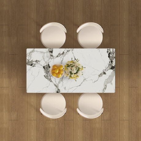 Modern 63' 4-6 Person Dining Table Set with Storage, Burnt Stone Top & Gold Solid Wood Base, Includes 4 White PU Chairs for Kitchen, Apartment - sold by Home Elegance USA