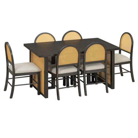 TREXM 7-Piece Farmhouse Dining Table Set for 6 - 59.8' Rectangular Dining Table with Distressed Oak Veneer and 6 Rattan Chairs, Rustic Kitchen Furniture for Dining Room(Espresso) - sold by Home Elegance USA