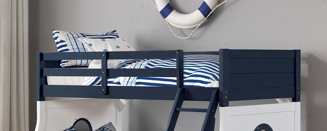 Twin Over Full Bunk Bed Modern Novelty Style Attached Ladder Upper Bed Rails And Lock Joint Structure For Safety Slat Kit Blue / White Finish - sold by Home Elegance USA