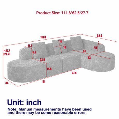 111.8-inch L-shaped curved modular sofa, modern design featuring lychee-textured long-pile polyester fabric, curved backrest with three pillows - sold by Home Elegance USA