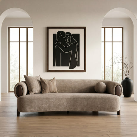 Arnaud - Modern Tan Fabric + Brown Oak Sofa - View Image 1
