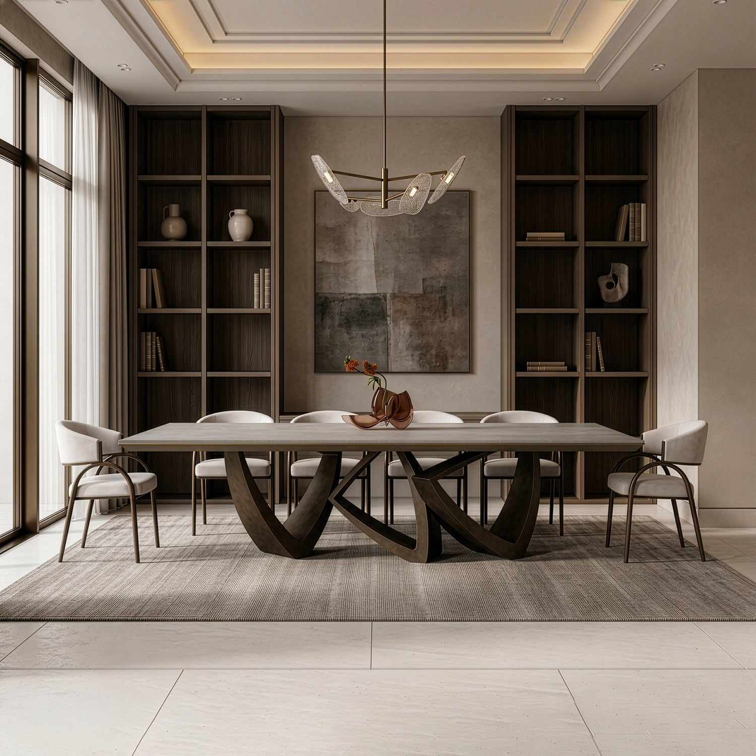 Dollemore - Modern Faux Travertine Ceramic + Antique Brass Dining Table - View Image 1