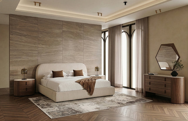 Eastern King Hortman + Chelton - Modern Beige Velvet + Walnut 4-Piece Bedroom Set - View Image 1