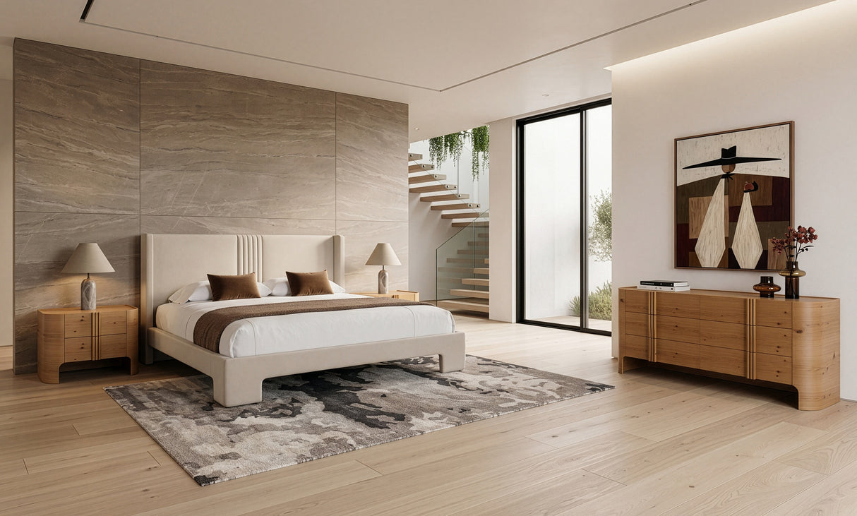 Eastern King Newhart - Modern Beige Fabric + Natural Oak 4-Piece Bedroom Set - View Image 1