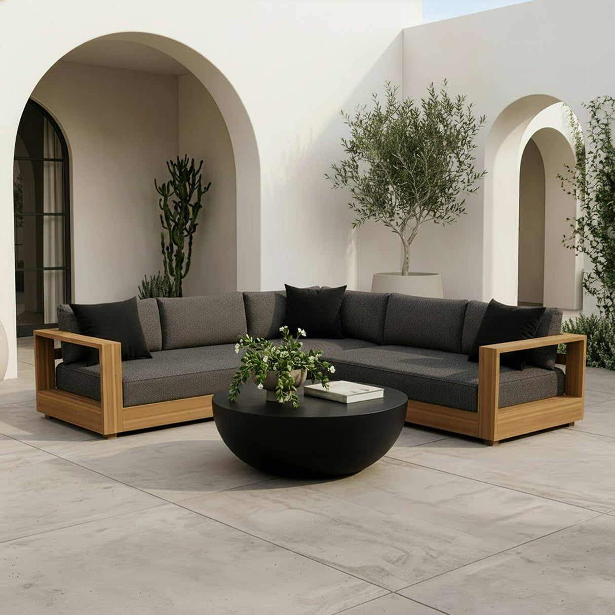 Santorini - Outdoor Grey Olefin Fabric + Natural Teak Sectional Sofa - View Image 1