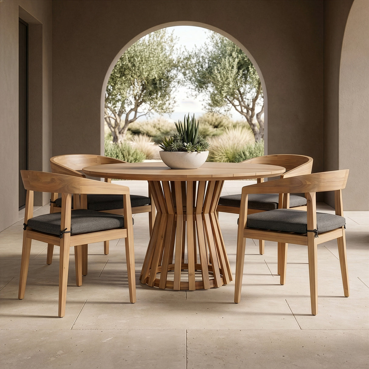 Sintra - Outdoor Grey + Eucalyptus Round Dining Table Set - View Image 1