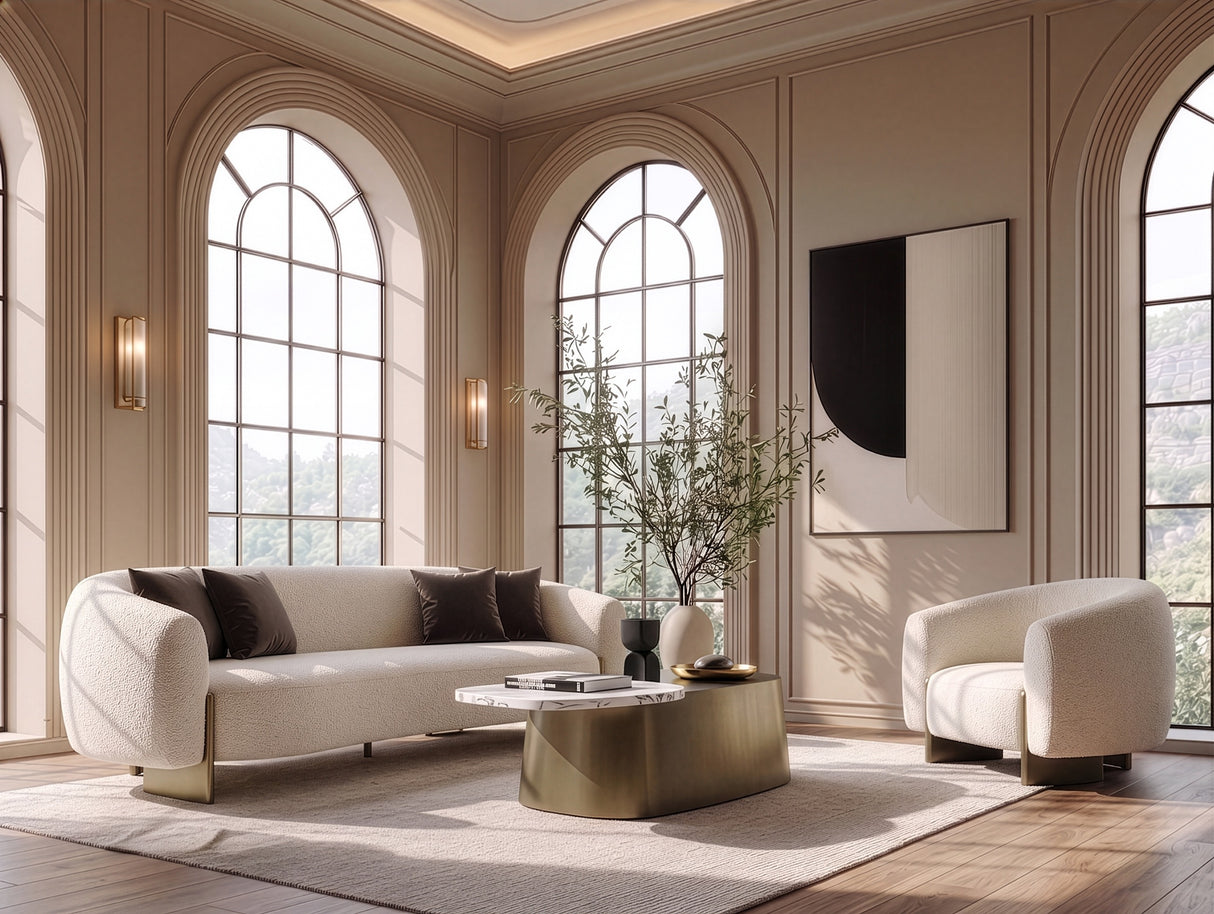 Thrive - Modern Beige Fabric + Antique Brass Sofa - View Image 1