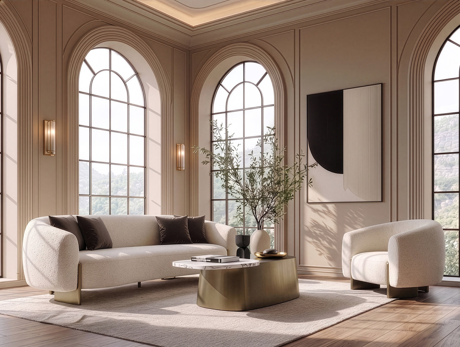 Thrive - Modern Beige Fabric + Antique Brass Sofa - View Image 1
