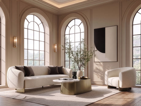 Thrive - Modern Beige Fabric + Antique Brass Sofa - View Image 1