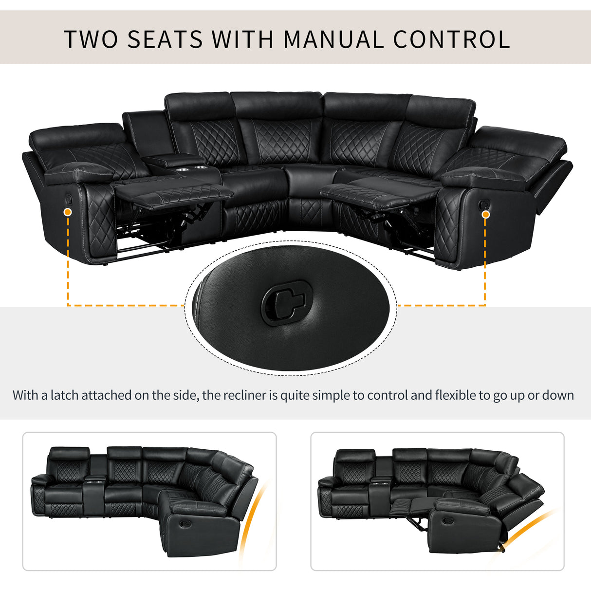 Home Theater Seating Manual Recliner with Cup Holder, Hide-Away Storage PU Reclining Sofa for Living Room, Home Theater, Black - Home Elegance USA