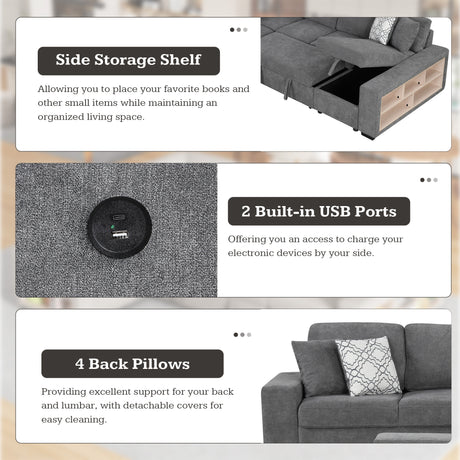 Modern Grey U-Shaped Sectional Sofa Bed with USB Ports, Storage Chaise & Pillows, Chenille Fabric, 109' - sold by Home Elegance USA