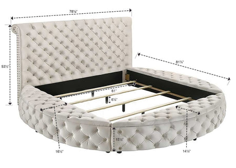 Unique Round Plush Ivory Velvet Button-Tufted Detailing Storage Bed Queen Size White 2x Nightstands Wooden Bedroom Furniture 3pc Set - sold by Home Elegance USA