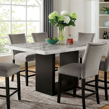 Genuine Marble Top Table w 6x High Chairs Light Gray Flannelette Upholstered Chair Counter Height Dining Room 7pc Set Furniture - sold by Home Elegance USA