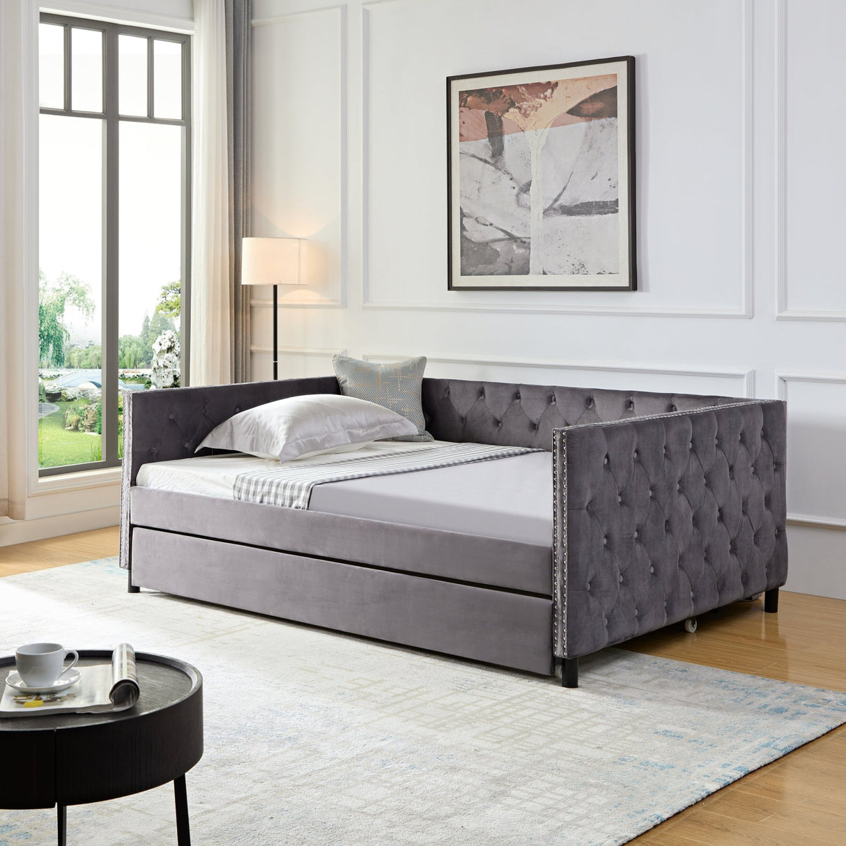 Daybed with Trundle, Upgraded Velvet Upholstered Twin Size Day Bed Button - Tufted Sofa Daybed Frame with A Trundle, No Box Spring Needed, Furniture for Bedroom Living Room Guest Room (8197 - Grey, Full) - W1756S00005 - Home Elegance USA - 2