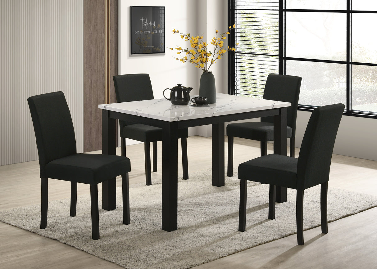 5pc White Faux-marble Top Plush Upholstered Chairs Rich Charcoal Fabric Sleek Black Legs Modern Contemporary