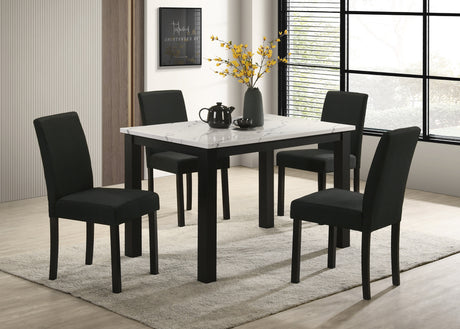 5pc White Faux-marble Top Plush Upholstered Chairs Rich Charcoal Fabric Sleek Black Legs Modern Contemporary