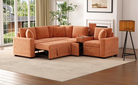 120.5' L-shaped Convertible Sofa Bed Modular Sectional Sofa Reversible Sleeper with Pull-Out Bed, Cup Holders, and Ample Storage Space for Living Room(Old SKU:N719S001940G), Orange - sold by Home Elegance USA