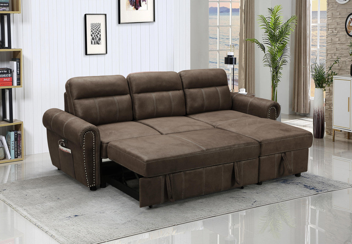 Hugo Brown Reversible Sleeper Sectional Sofa Chaise with USB Charger - Home Elegance USA