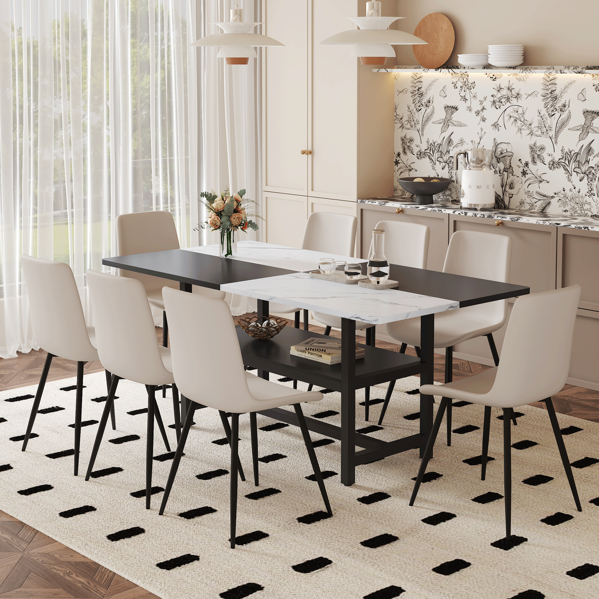 Juego de mesa y sillas. Mesa de comedor unida en blanco y negro de 71 x 35,4 pulgadas con función de almacenamiento en el medio de las patas de la mesa. Combina con 8 sillas de PU gris claro cálido con diseño de cojín curvo ensanchado.