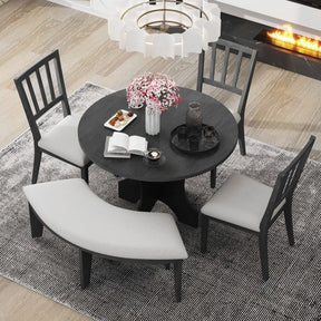 TREXM 5-piece Rustic Charm Round Dining Set with 3 Upholstered Chairs and Curved Bench for Dining Room, Kitchen and Living Room (Gray) - sold by Home Elegance USA