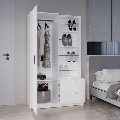 Seville 71' High Mirror Armoire, One Door Cabinet, Two Drawers , Hanging Rod, Rotating Mirror And Shoe Rack, Two Shelves White - sold by Home Elegance USA