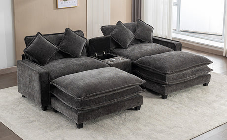 Modern Chenille Upholstered Sectional Sofa with Ottomans, USB Ports, Cup Holders, and Storage in Grey - sold by Home Elegance USA