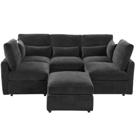 Modern Modular Sofa 85.4' U-shaped Sofa Bed with Movable Ottoman, USB Ports, Phone Holder, Black Chenille - sold by Home Elegance USA
