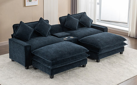 Contemporary Chenille Upholstered Sectional Sofa with Ottomans, USB Ports, Cup Holders & Storage, Blue - sold by Home Elegance USA