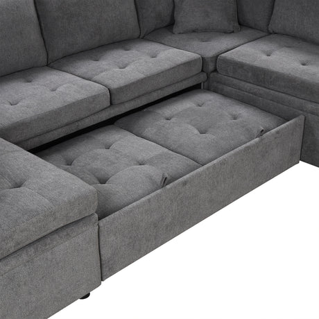 Oversized Sectional Sofa U-shaped Couch Pull-out Sofa Bed with Two Throw Pillows Gray Chenille 117.3' - sold by Home Elegance USA