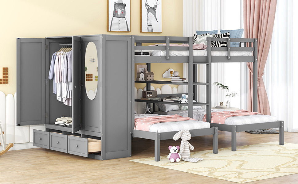 Full-Over-Twin-Twin Bunk Bed with Shelves, Wardrobe and Mirror, Gray - Home Elegance USA