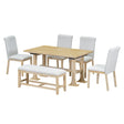 TOPMAX Farmhouse 76inch 6-Piece Extendable Dining Table Set with Trestle Base, Upholstered Chairs & Bench, Natural Wood and Light Gray Fabric - sold by Home Elegance USA