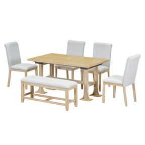 TOPMAX Farmhouse 76inch 6-Piece Extendable Dining Table Set with Trestle Base, Upholstered Chairs & Bench, Natural Wood and Light Gray Fabric - sold by Home Elegance USA