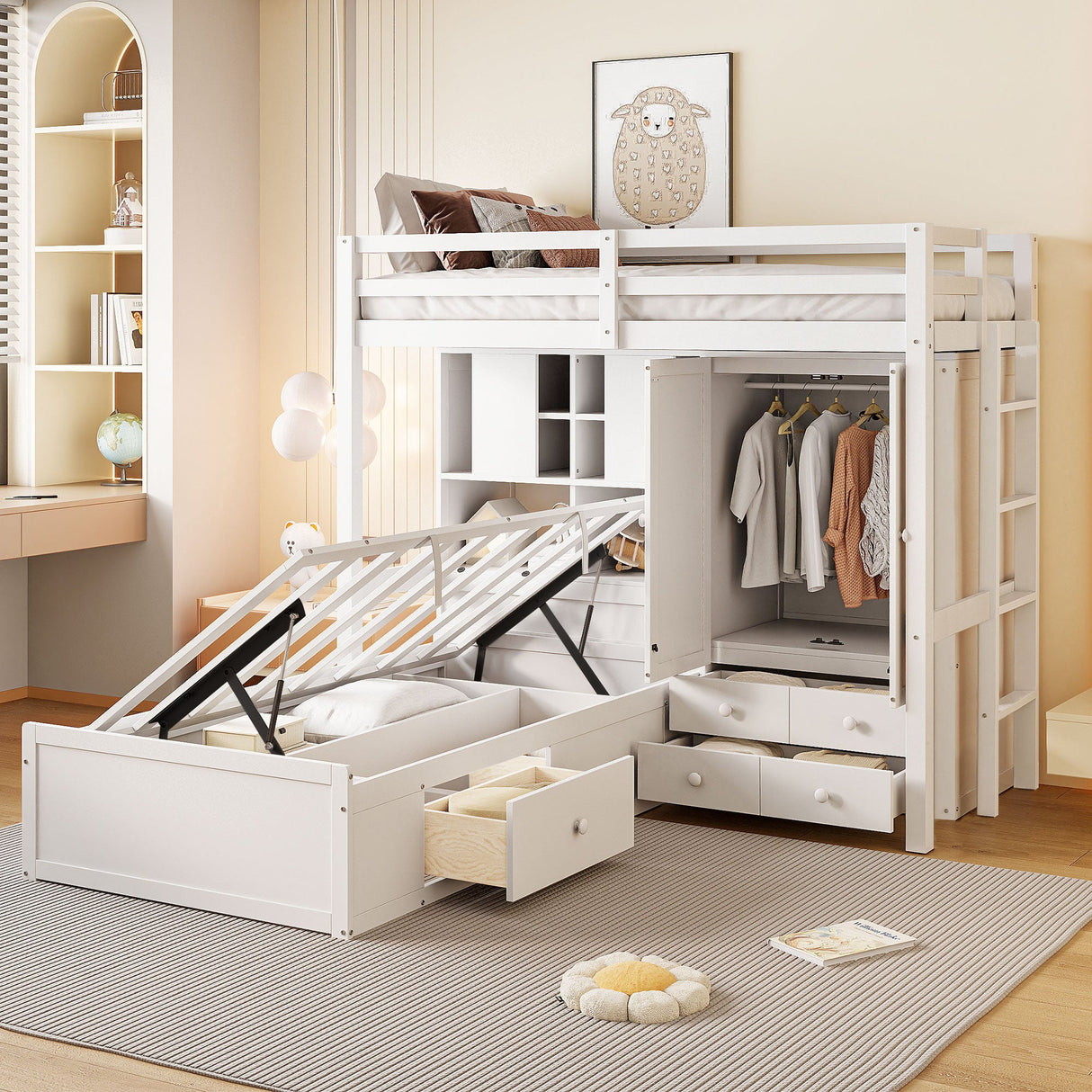 Twin Bunk Bed with Drawers, Wardrobe, Storage Shelves and Hydraulic Bed,White - sold by Home Elegance USA