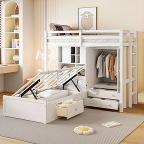 Twin Bunk Bed with Drawers, Wardrobe, Storage Shelves and Hydraulic Bed,White - sold by Home Elegance USA