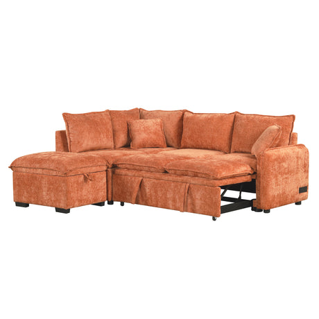 Convertible L-shaped Sofa Bed with Storage Ottoman, Power Sockets & USB Ports, Orange Chenille, 82.67' - sold by Home Elegance USA