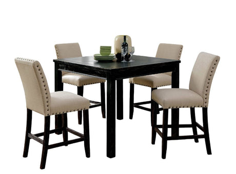 Rustic Style 5pc Counter Height Dining Table Set 1x Table 4x Chairs Fabric Chairs Bold Distressed Detail Nailhead Trim Antique Black Finish - sold by Home Elegance USA