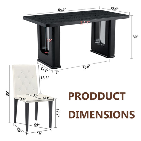 Table and chair set.64.5 x 35.4 Inch Stylish Black Wood Color Textured Dining Table.4-pack white PU dining chairs: ergonomic buckle backrest.Exudes A Strong Sense Of Fashion. - sold by Home Elegance USA
