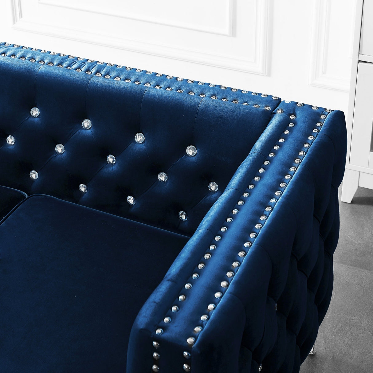 82.3" Width Modern Velvet Sofa Jeweled Buttons Tufted Square Arm Couch Blue,2 Pillows Included | Home Elegance USA