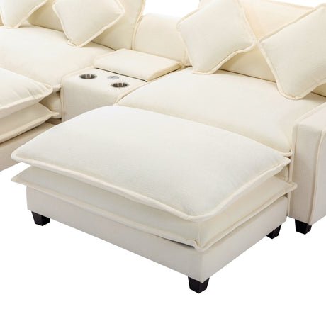 Chenille Upholstered Sectional Sofa with Removable Ottoman, USB Ports, Cup Holders, and Storage, Beige, 111' - sold by Home Elegance USA