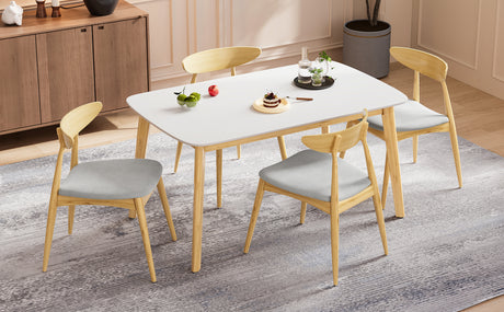5-Piece Dining Set, 1 Table + 4 Chairs, Rubberwood Frame, Ergonomic Chairs & Faux Wood Table, Beige+Natural+White Oak - sold by Home Elegance USA