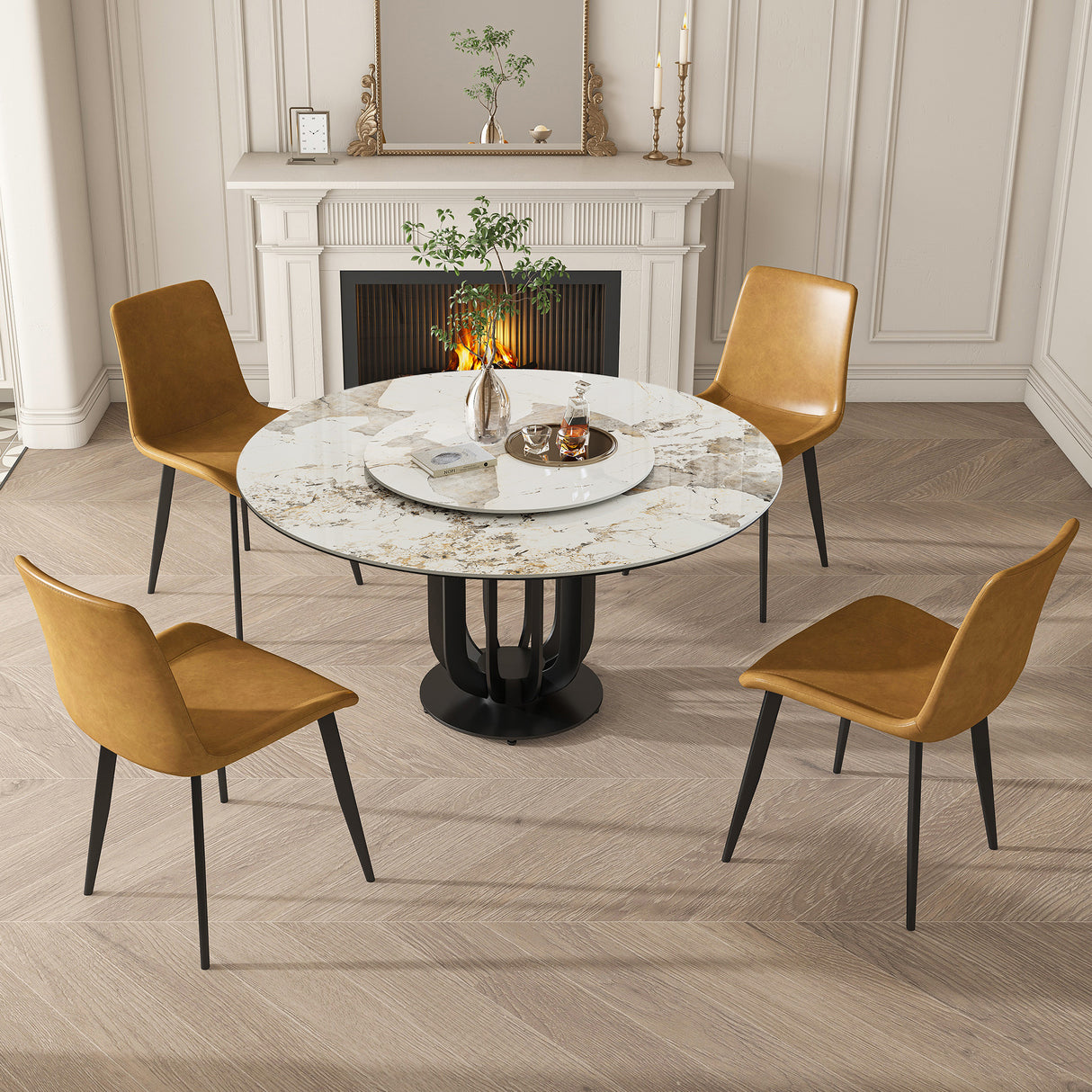 53' Round Sintered Stone Dining Table with Black Carbon Steel Base and 31.5' Lazy Susan- for Kitchen,Dining Room(4 chairs)